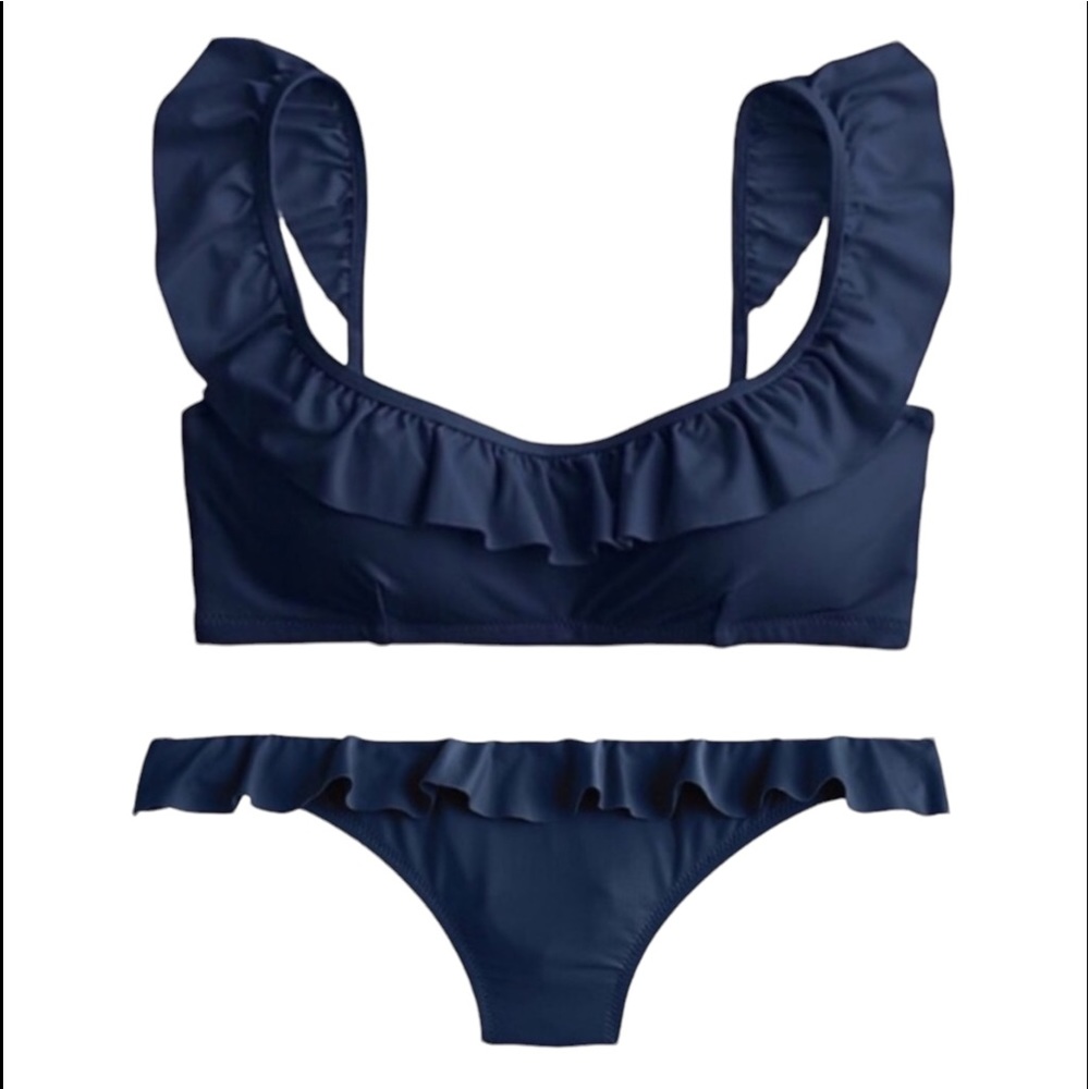 J. Crew Navy Ruffle Top & Hipster Bottom Bikini Size Medium NWT